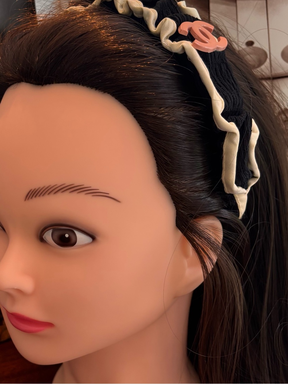 Black and Cream Ruched Headband with nude/pink tone Accent